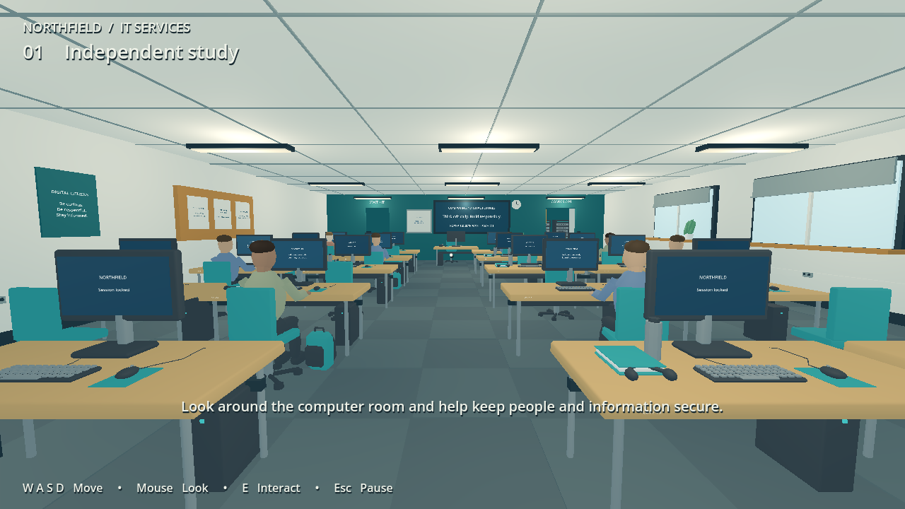 Actual Defend the College gameplay: a computer classroom with learners at workstations and an instruction to keep people and information secure.